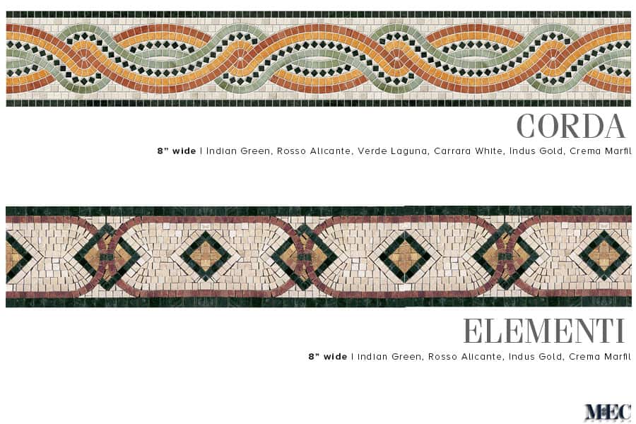 ELEMENTI & CORDA. Product design image. Custom handcrafted marble mosaic tile border designs. Handmade hand-chopped marble tesserae. Tumbled and polish finish.