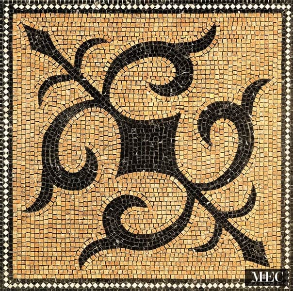 Custom Mosaics by MEC | Features simple yet bold European design element in Nero Marquina plain hand chopped marble tesserae background and a black & white diamond border.