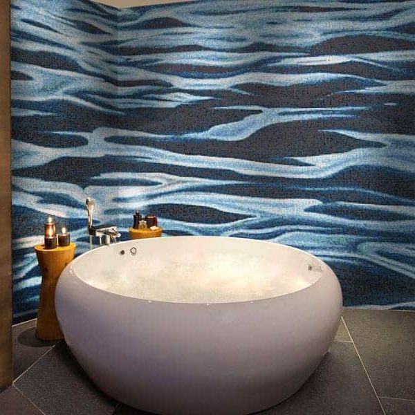 Product Image. Blue Silent Waters PIXL abstract Vertex Glass mosaic made using AddTek system. Custom made glass mosaic tile designs. Free renders. Shower Wall.
