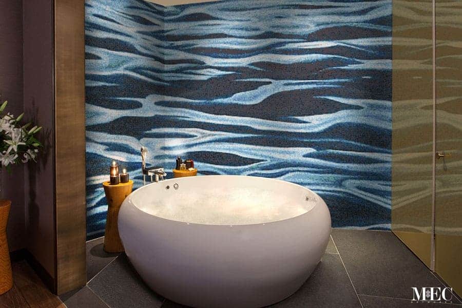 Product Image. Blue Silent Waters PIXL abstract Vertex Glass mosaic made using AddTek system. Custom made glass mosaic tile designs. Free renders. Shower Wall.