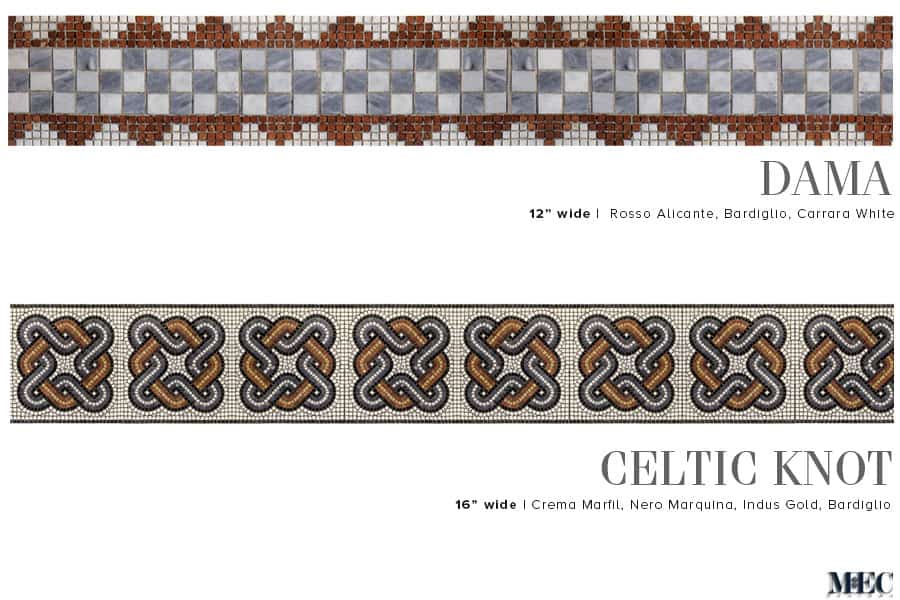 DAMA and CELTIC KNOT. Product design image. Custom handcrafted marble mosaic tile border designs. Handmade hand-chopped marble tesserae. Tumbled and polish finish.