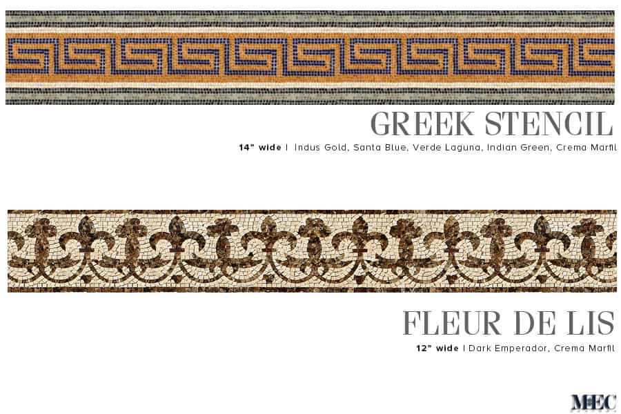 GREEK STENCIL AND FLEUR DE LIS. Product design image. Custom handcrafted marble mosaic tile border designs. Handmade hand-chopped marble tesserae. Tumbled and polish finish.