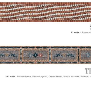 STRATI and TEGOLA. Product design image. Custom handcrafted marble mosaic tile border designs. Handmade hand-chopped marble tesserae. Tumbled and polish finish.