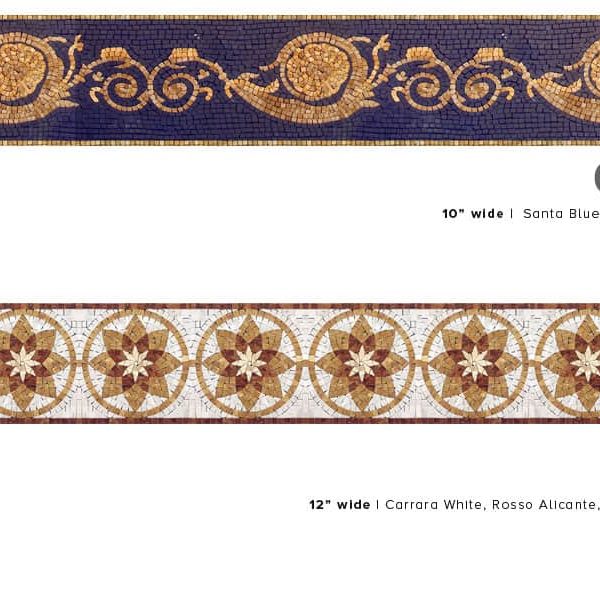 ARYLSS & MODELLO. Product design image. Custom handcrafted marble mosaic tile border designs. Handmade hand-chopped marble tesserae. Tumbled and polish finish.