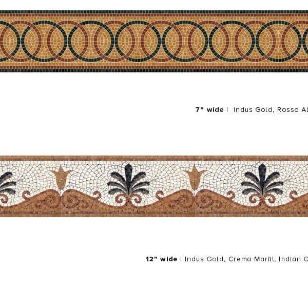 NODO and OASI. Product design image. Custom handcrafted marble mosaic tile border designs. Handmade hand-chopped marble tesserae. Tumbled and polish finish.