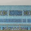 Floral Persian pattern with Kufic Islamic Calligraphy and blue glass mosaic random mixing tiles. Mosque wall cladded Custom handmade ornamental tiles by MEC.