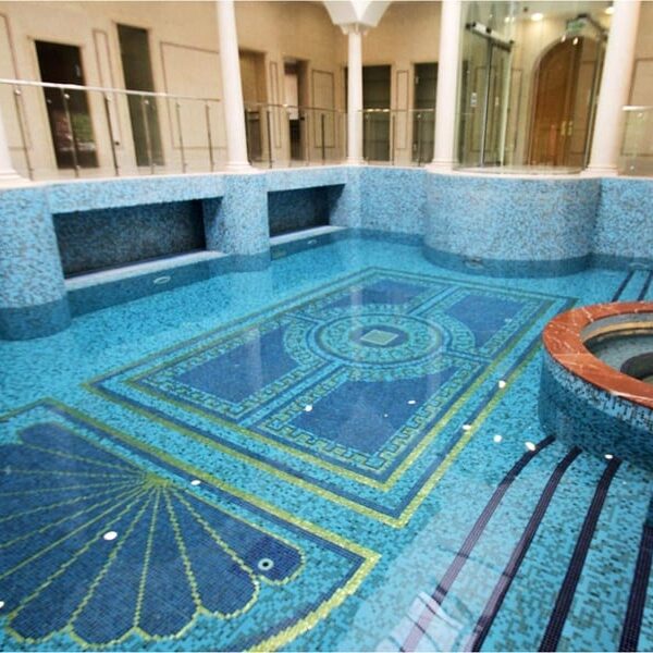 Gatsby Esque pool pattern fashioned with premium glass and 24K gold by MEC.