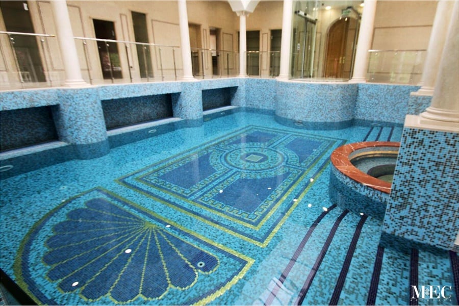 Gatsby Esque pool pattern fashioned with premium glass and 24K gold by MEC.