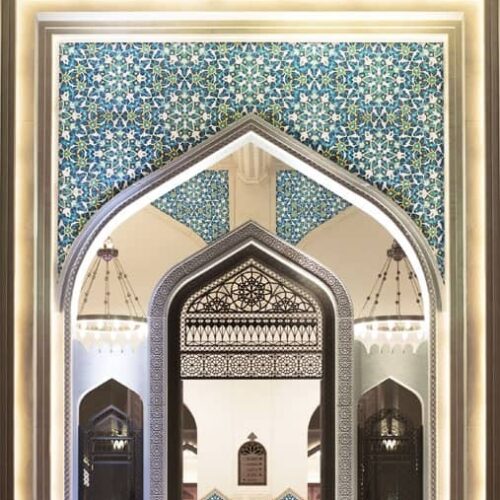 Organic Arabesque Persian pattern reimagined as glass mosaics. Islamic geometric art custom handcrafted by MEC.