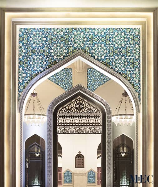 Organic Arabesque Persian pattern reimagined as glass mosaics. Islamic geometric art custom handcrafted by MEC.