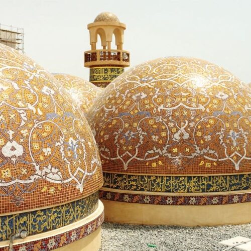 Handcrafted glass mosaic artwork designed by MEC artists. It includes mosaic calligraphy, luxurious 24k gold leaf on Katara mosque domes in Doha.