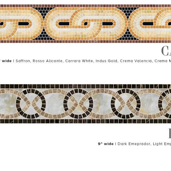 CATENA and RUOTA. Product design image. Custom handcrafted marble mosaic tile border designs. Handmade hand-chopped marble tesserae. Tumbled and polish finish.