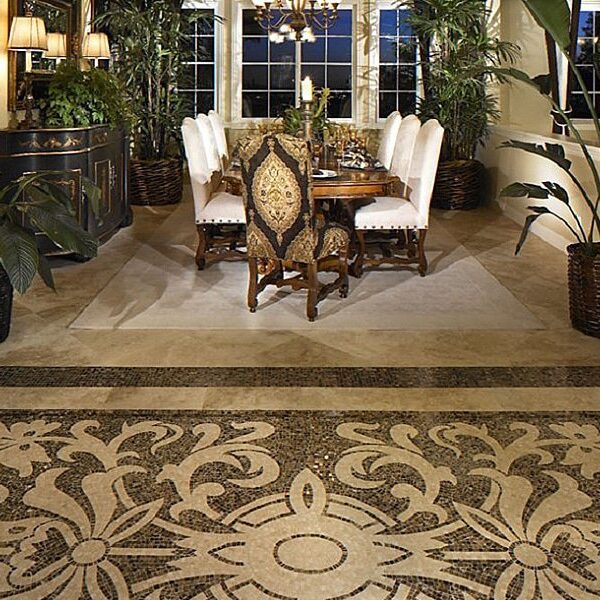 Custom Mosaics by MEC | Rectangular rug pattern handcrafted with finest quality marble mosaic tiles indoor.