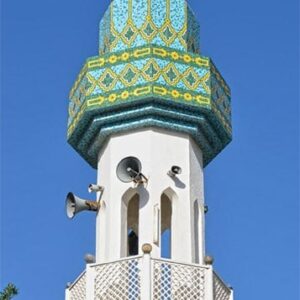Middle Eastern Islamic glass mosaic tile pattern with rich aqua and green hues. Mosaic cladded on a Mosque Minaret. Custom handcrafted by MEC.