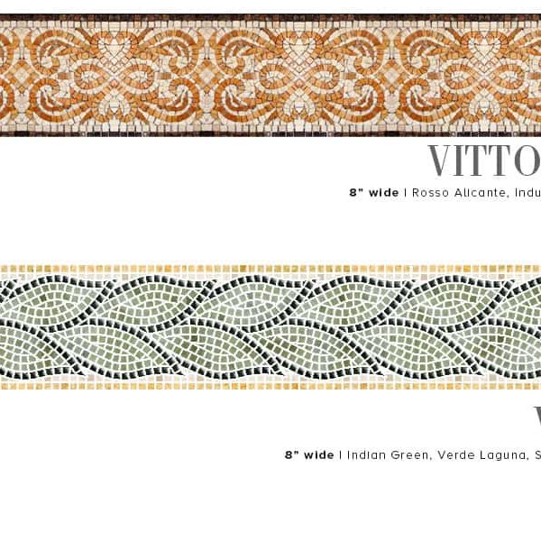 VITTORIANO and VIVACI. Product design image. Custom handcrafted marble mosaic tile border designs. Handmade hand-chopped marble tesserae. Tumbled and polish finish.