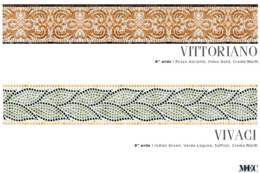 VITTORIANO and VIVACI. Product design image. Custom handcrafted marble mosaic tile border designs. Handmade hand-chopped marble tesserae. Tumbled and polish finish.
