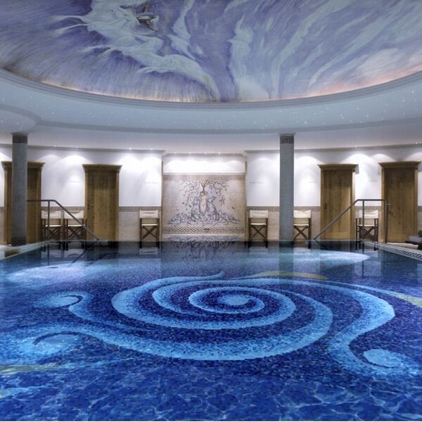 Pools by MEC | Glass mosaic swimming pool design featuring exquisite spiral and scroll pattern.