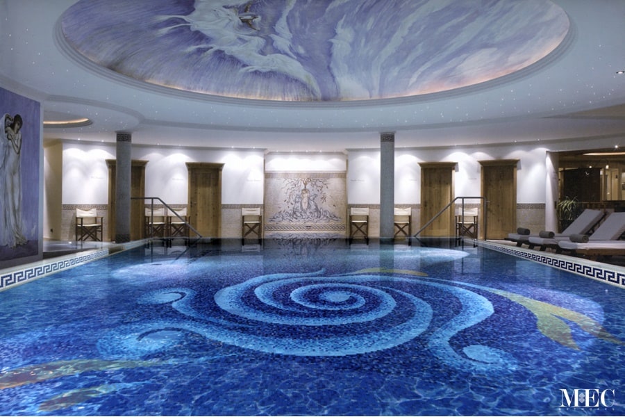 Pools by MEC | Glass mosaic swimming pool design featuring exquisite spiral and scroll pattern.