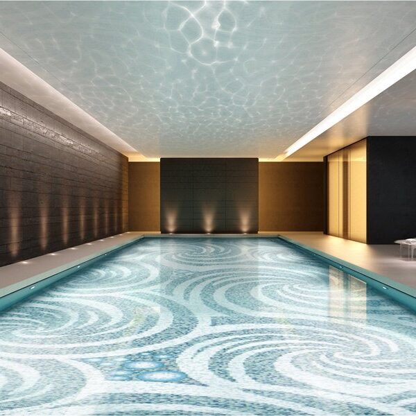 Custom Pool Mosaics by MEC | Spiral swimming pool theme with premium Italian glass mosaic.