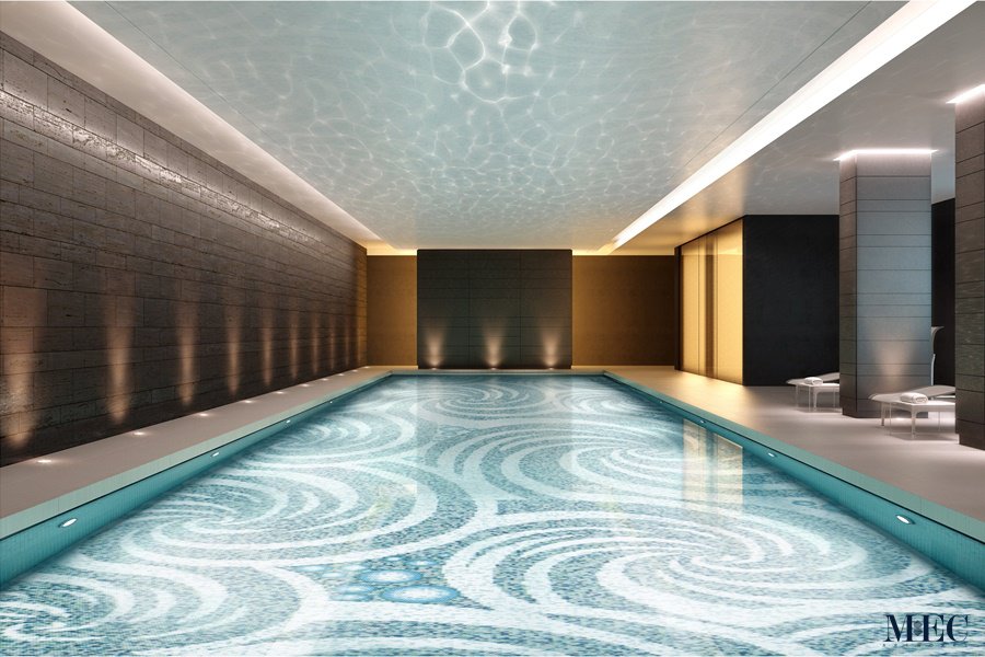 Custom Pool Mosaics by MEC | Spiral swimming pool theme with premium Italian glass mosaic.