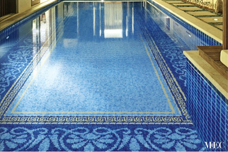 Pools mosaics by MEC | Sophisticated yellow and blue Greek square and floral border Glass Pool Mosaics.