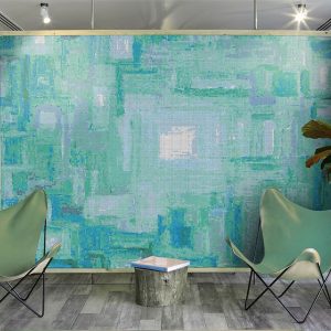 Product image. Enchanted Tiffany Blue Squares PIXL abstract Vertex Glass mosaic made using AddTek system. Custom glass mosaic tile designs. Free renders.