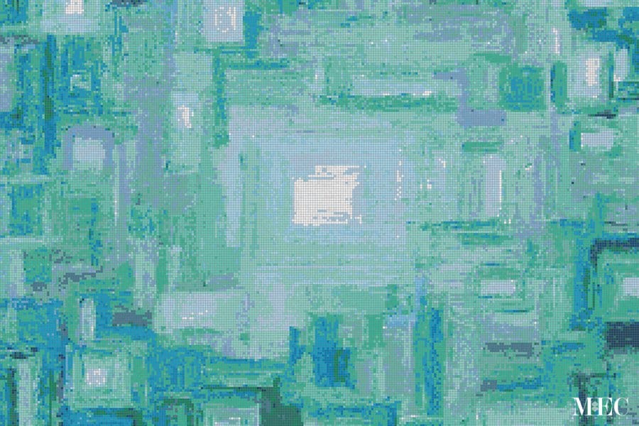 Product design. Enchanted Tiffany Blue Squares PIXL abstract Vertex Glass mosaic made using AddTek system. Custom glass mosaic tile designs. Free renders.