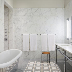 Custom mosaic bathroom tiles by MEC | Black and white square marble flooring made of hand chopped marble stone mosaic.