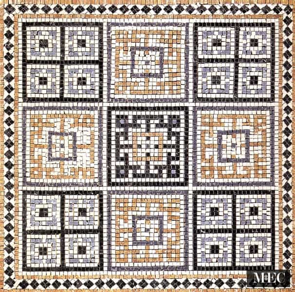 Custom Mosaics by MEC | Geometric square area rug crafted with hand chopped marble mosaic tiles with bold Nero Marquina black lines add a modern pop of color!