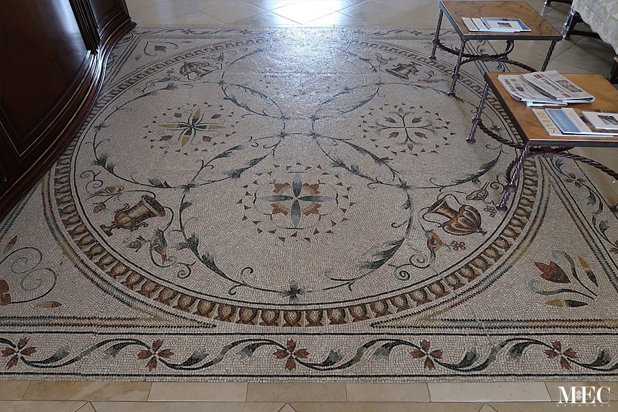 Custom Mosaics by MEC | Intricate Roman inspired marble mosaic rug pattern in circular pattern.