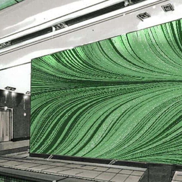 Product image. Vibrating Forest Greens PIXL abstract Vertex Glass mosaic pool tile made using AddTek system. Custom glass mosaic tile designs. Free renders.