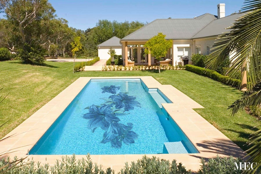 Custom Pools by MEC | Pool featuring a spellbinding lily flowers in murano glass tiles.