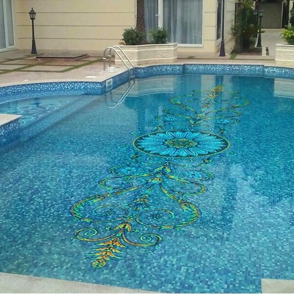 Delicate European motif and vine design made with glass pool mosaics by MEC.