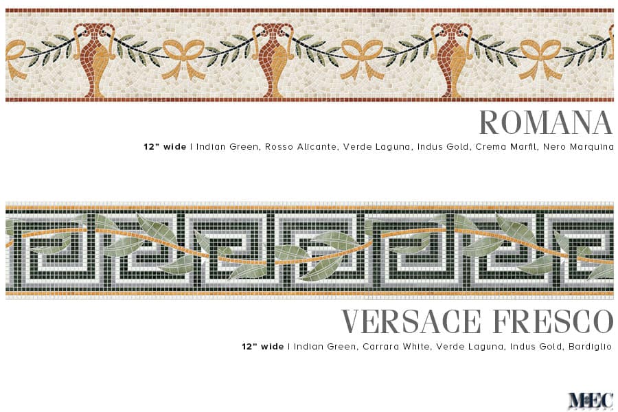 ROMANA and VERSACE FRESCO. Product design image. Custom handcrafted marble mosaic tile border designs. Handmade hand-chopped marble tesserae. Tumbled and polish finish.