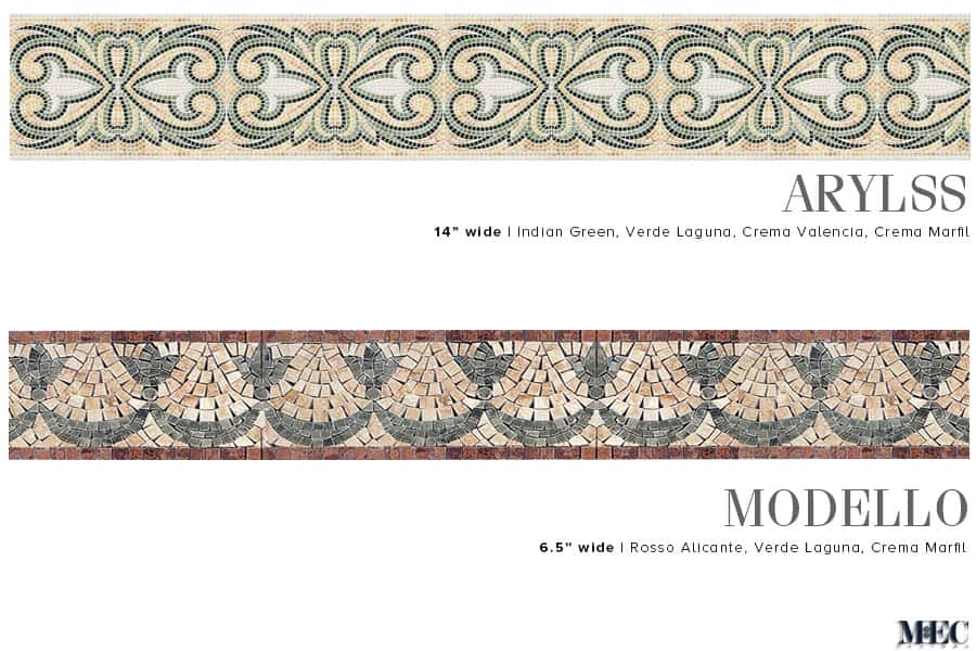 ARYLSS and MODELLO. Product design image. Custom handcrafted marble mosaic tile border designs. Handmade hand-chopped marble tesserae. Tumbled and polish finish.
