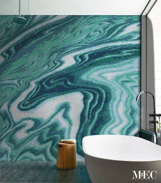 Product image. Teal Water fantasy PIXL abstract swirl Vertex Glass mosaic made using AddTek system. Custom made glass mosaic tile designs. Free renders.