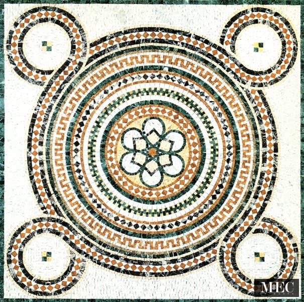 Custom Mosaics by MEC | Hand chopped tile mosaic features Celtic Knots in wonderful natural marble stone shades.