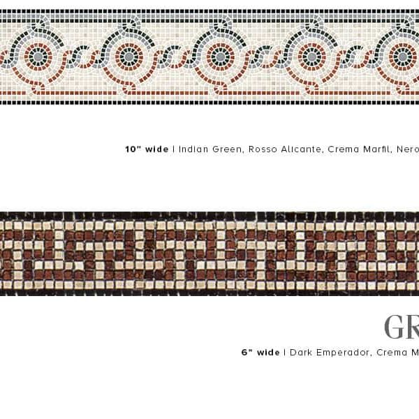 CICLI & GREEK T. Product design image. Custom handcrafted marble mosaic tile border designs. Handmade hand-chopped marble tesserae. Tumbled and polish finish.