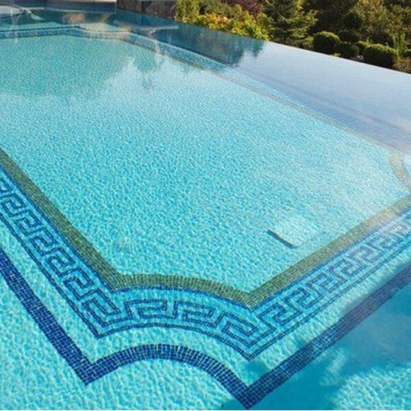 Custom Mosaics by MEC | Greek square pool featuring a multi-line border in blue and yellow paired with a light blue random mixing glass mosaic.