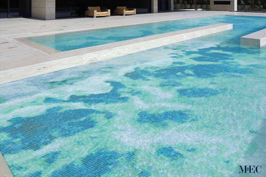 Custom Mosaics by MEC | Glass mosaic pool tile art minicing sandy shallow waters in bluish green textures