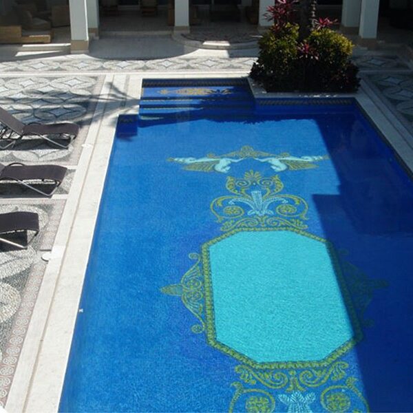 Custom Mosaics by MEC | Rectangular pool with glorious victorian era represented in scroll pattern.