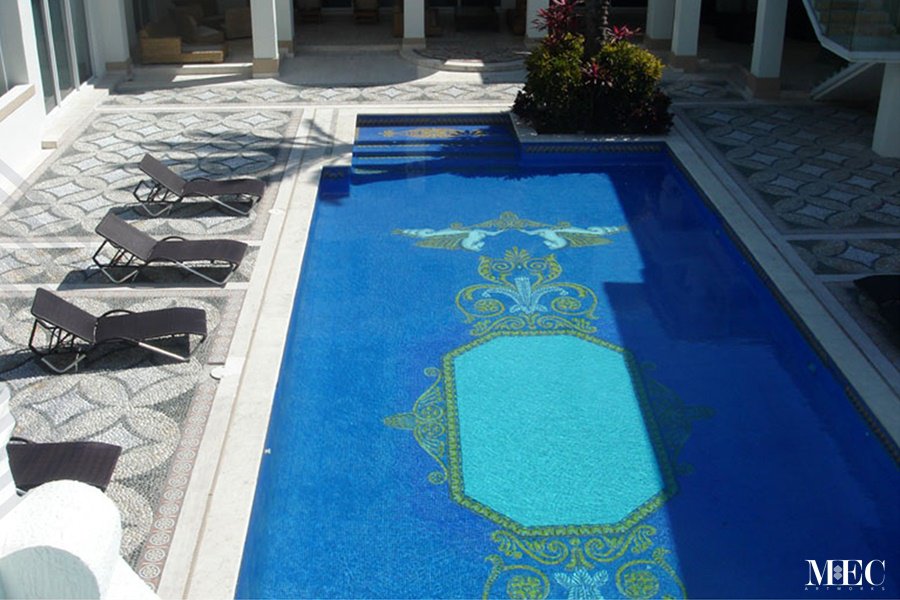 Custom Mosaics by MEC | Rectangular pool with glorious victorian era represented in scroll pattern.