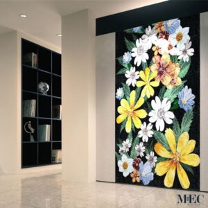 Glass mosaic design featuring brilliantly colored bouquet of wildflowers by MEC.