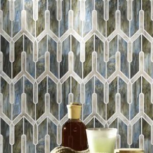 CANTO. Product image showing Jade Glass waterjet cut tiles from Lavande collection. Custom tile design from MEC.
