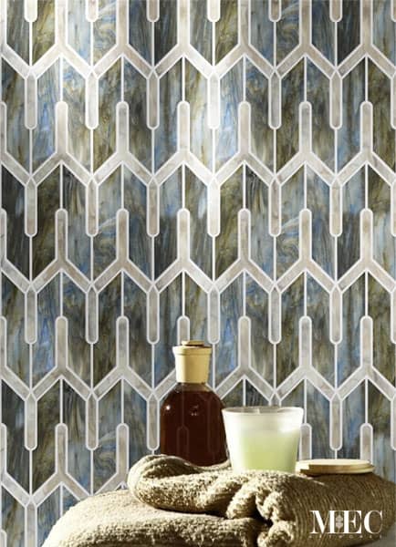 CANTO. Product image showing Jade Glass waterjet cut tiles from Lavande collection. Custom tile design from MEC.
