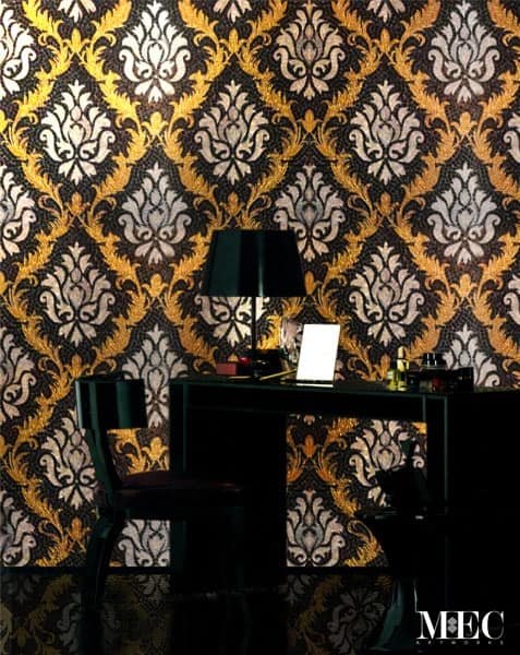 MEC | GlassGlass Mosaic damask pattern for wall featuring 24 K gold foil glass tiles by MEC.