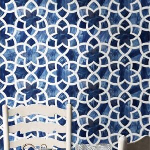 El Jardin. Product image showing Jade Glass waterjet cut tiles from Lavande collection. Custom tile design from MEC.