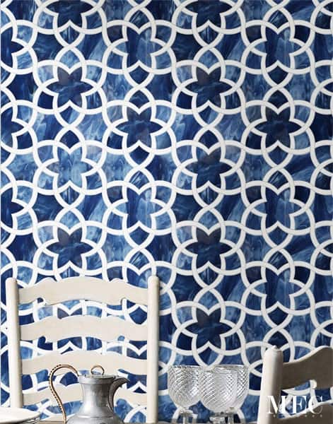 El Jardin. Product image showing Jade Glass waterjet cut tiles from Lavande collection. Custom tile design from MEC.