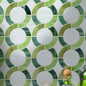 Elica. Product image showing Jade Glass waterjet cut tiles from Lavande collection. Custom tile design from MEC.