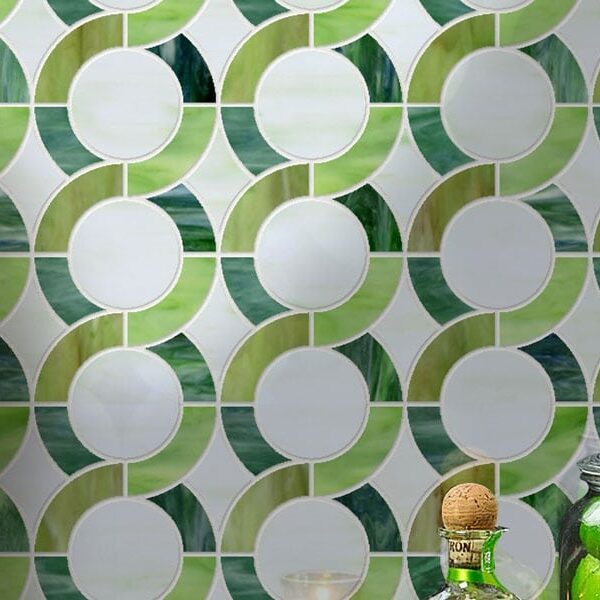 Elica. Product image showing Jade Glass waterjet cut tiles from Lavande collection. Custom tile design from MEC.